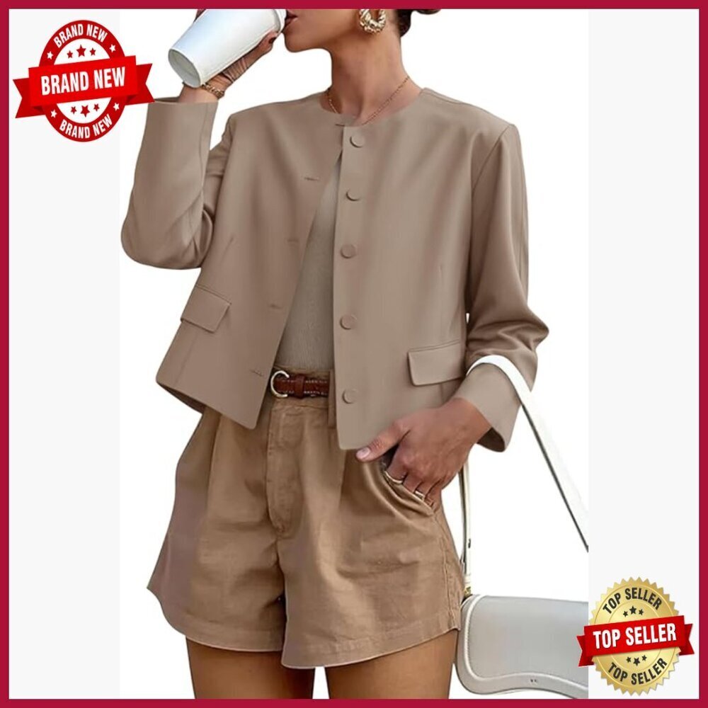 Cropped Blazer Balloon Sleeves Slim Fit Polyester Blend Business Casual